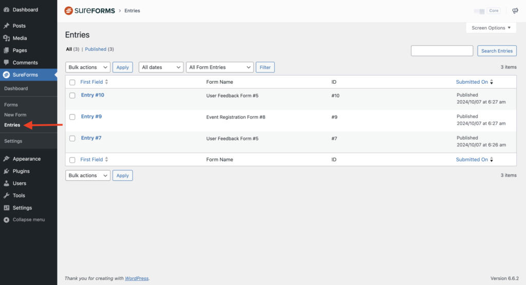 entries section