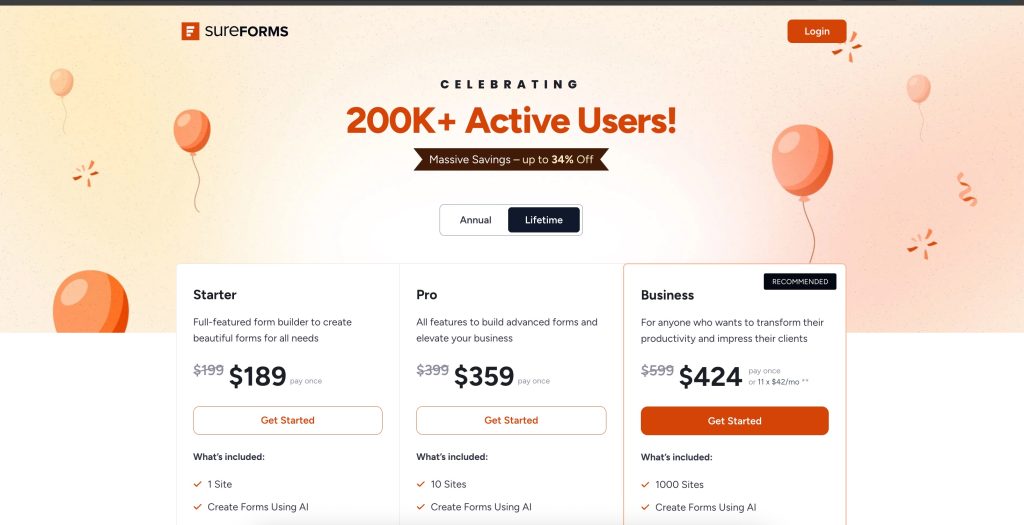 SureForms pricing page