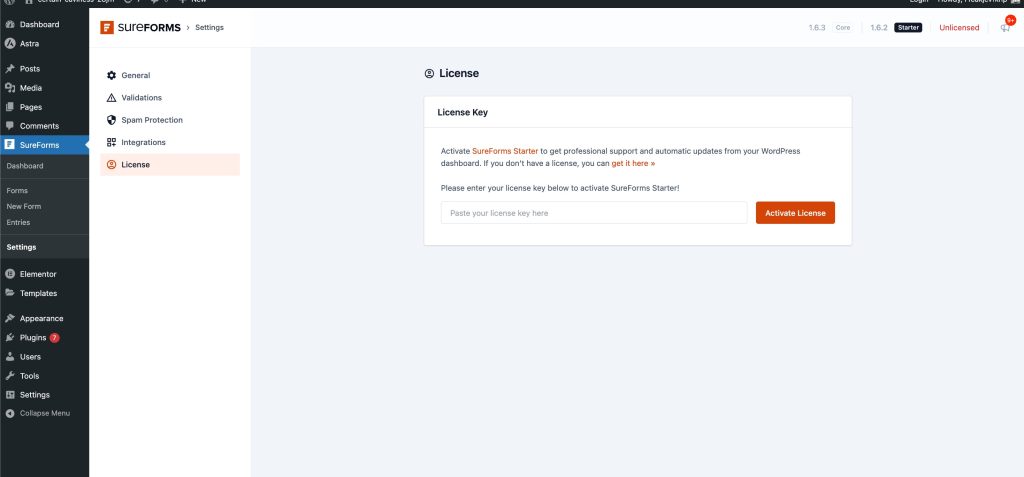 enter your SureForms license key here