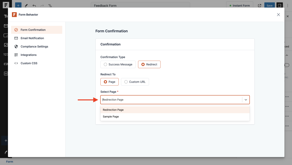 select the page to redirect to