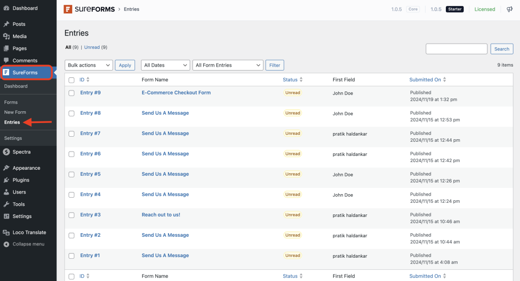 access the SureForms entries
