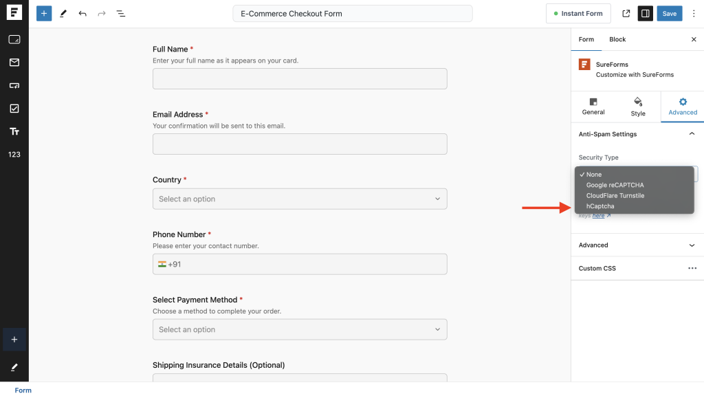 select hCaptcha under the dropdown