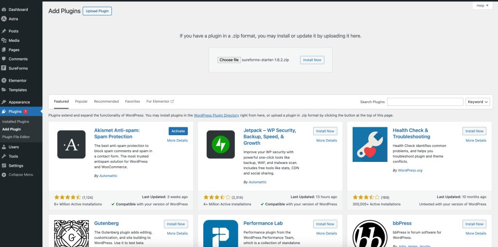 upload the sureforms pro plugin file
