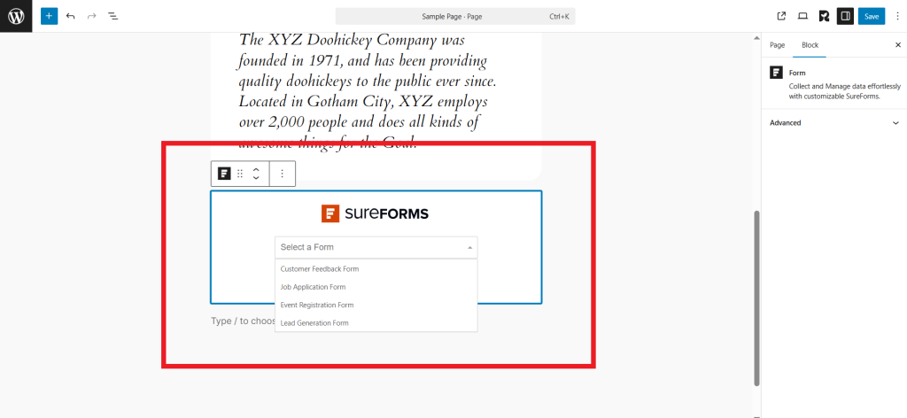 select the form to embed